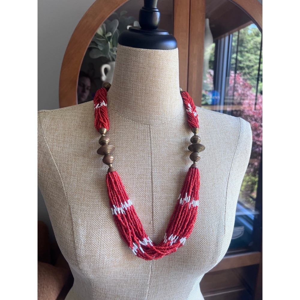 Vintage‎ Boho Tribal Festival Southwestern Torsade Beaded Necklace Orange White